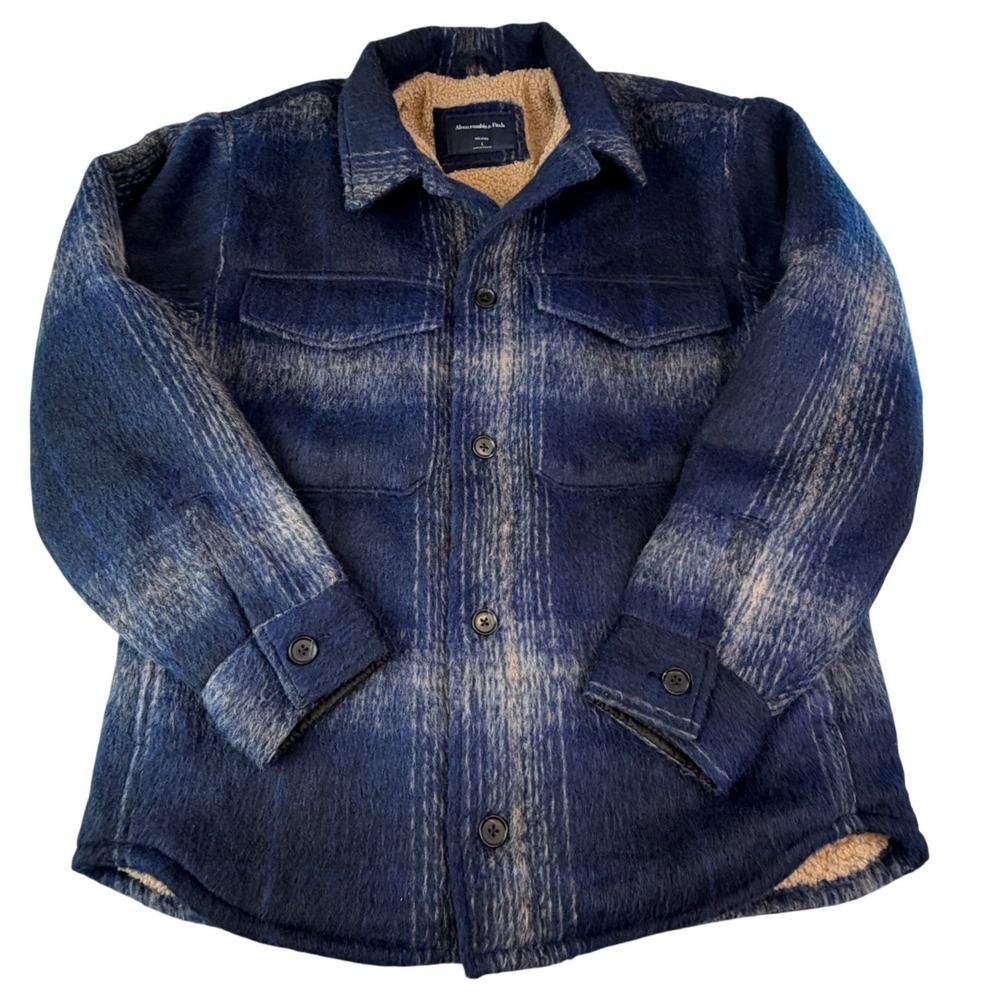 Abercrombie & Fitch Sherpa Lined Plaid Shacket Blue Workwear Cabin Gorpcore L